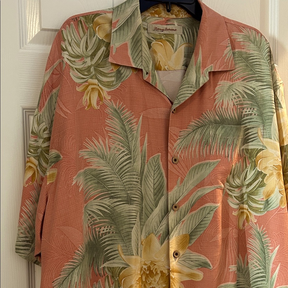 Tommy Bahama Coral and Green Floral Shirt
